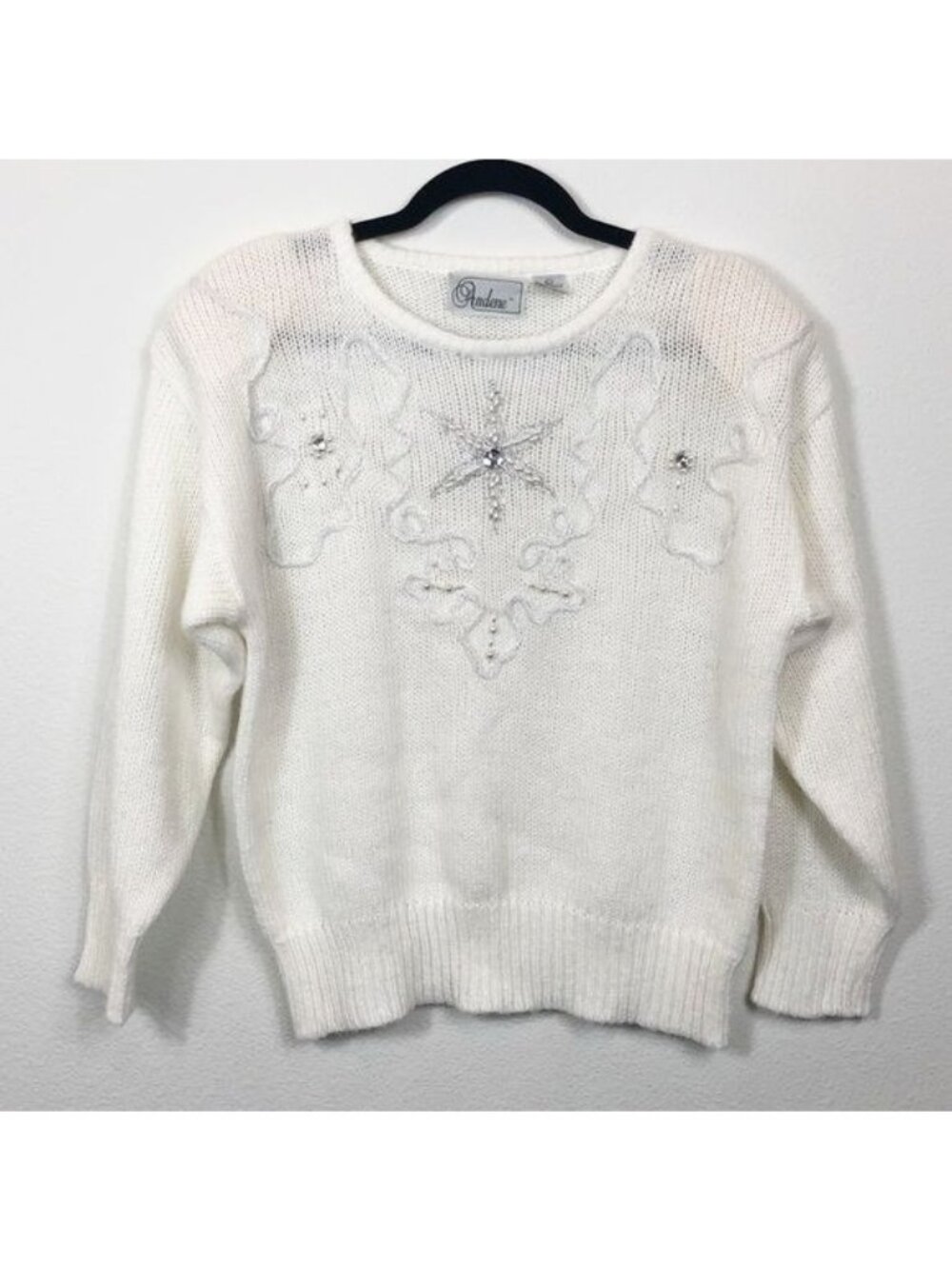 Vintage Andene White Crew Sweater Large Ugly Christmas Holiday Party Sequin